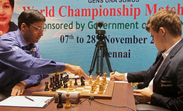 Viswanathan Anand of India and Magnus Carlsen of Norway during the eighth match of FIDE World Chess Championship in Chennai on Tuesday. The game ended in a draw - PTI Viswanathan Anand of India and Magnus Carlsen of Norway during the eighth match of FIDE World Chess Championship in Chennai on Tuesday. The game ended in a draw - PTI